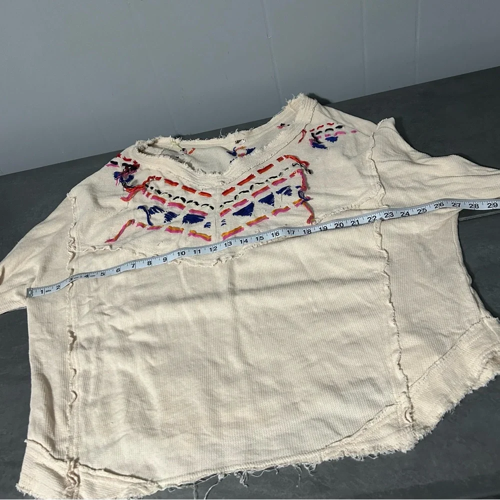 Free People Cream Embroidered V-Neck Peasant Top with Pink and Yellow Accents